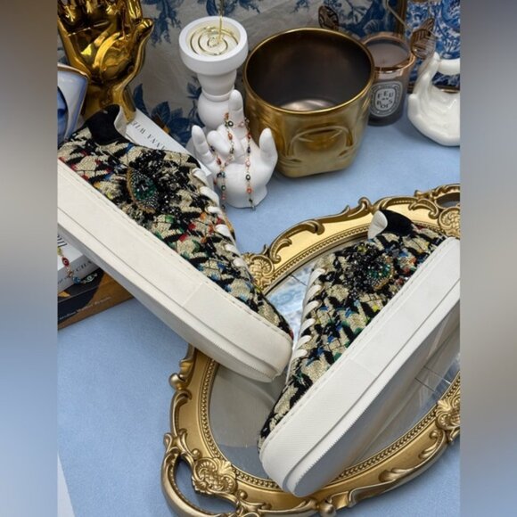 🆕 KURT GEIGER LONDON 🧿 NWOB Laney Eye Gold Rainbow Tweed Sneaker, Sz 37 US 7 - Picture 10 of 14